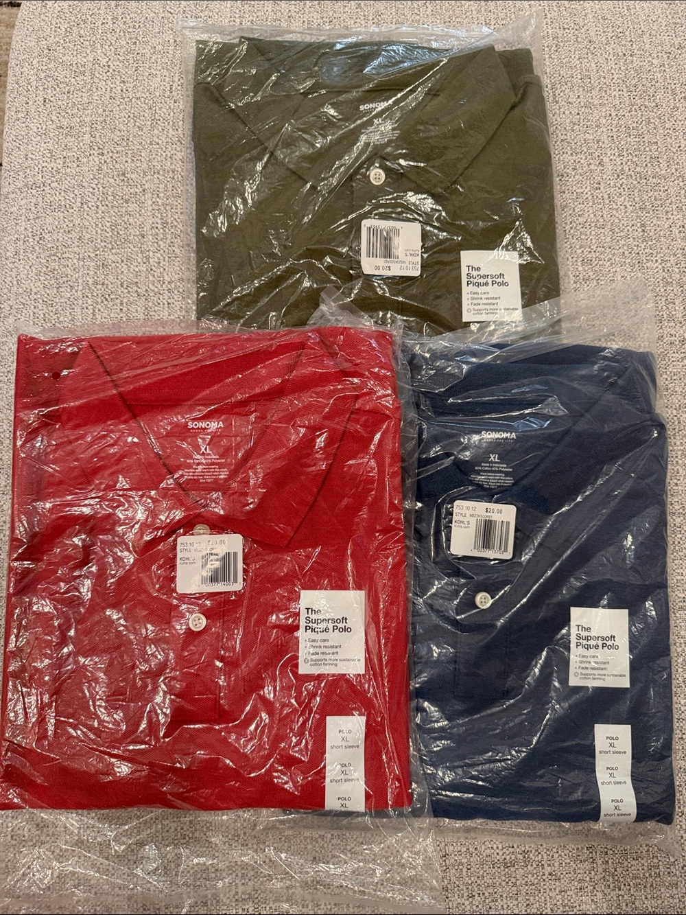 Sonoma Polo Pack - Red, Navy & Olive Supersoft Pique (Men) Lot of 3 NWT